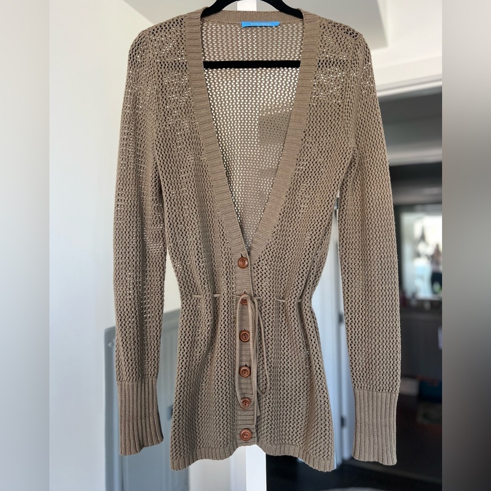 White + Warren Open Knit V-Neck Cardigan Sweater- Waist Tie- Size L
